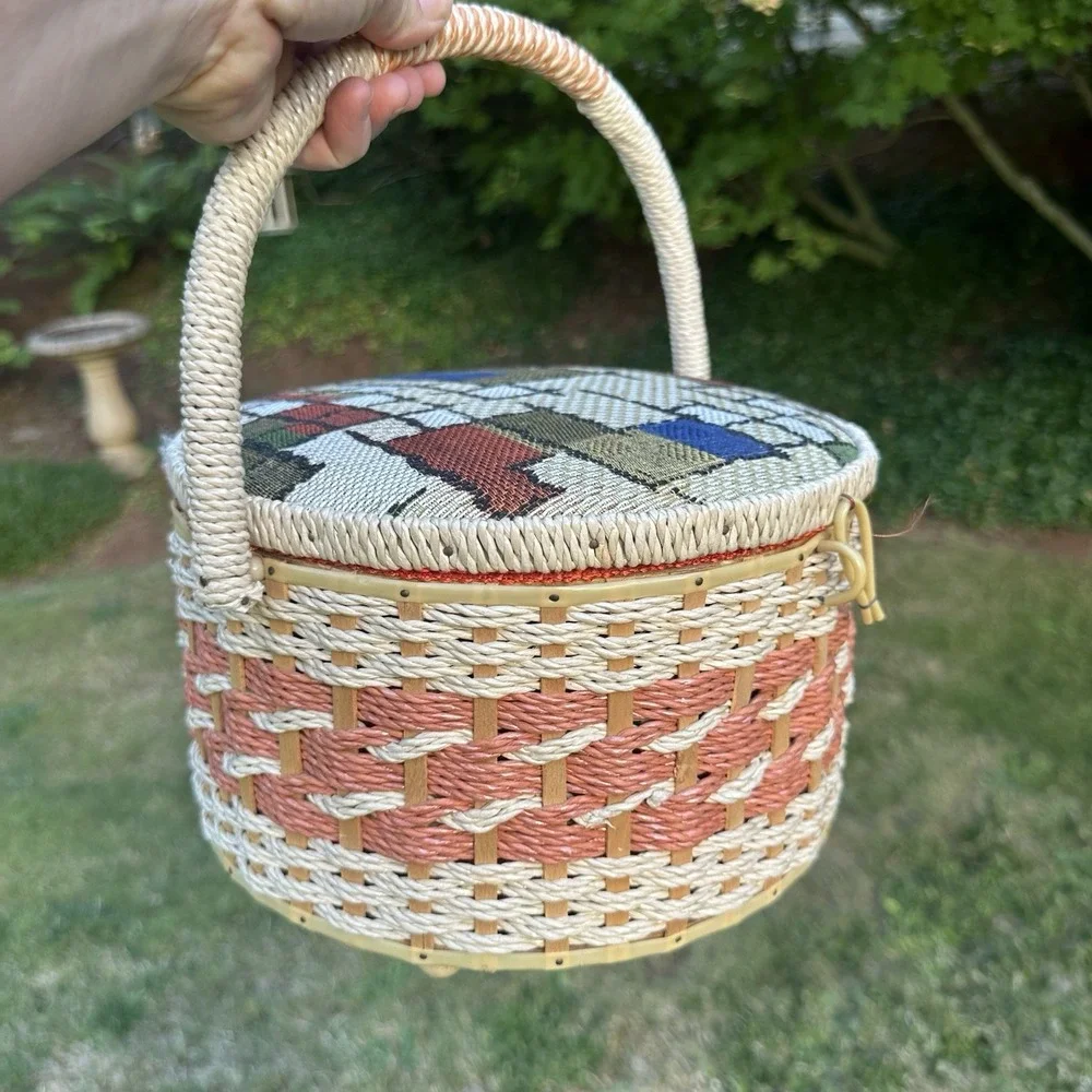 Vintage Wicker Sewing Basket Orange Satin Liner Japan Handle Woven Tapestry Lid